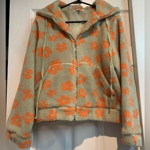 Baevely Mint Green and Neon Orange Flower Fleece Zip Up Jacket. Size: Small
